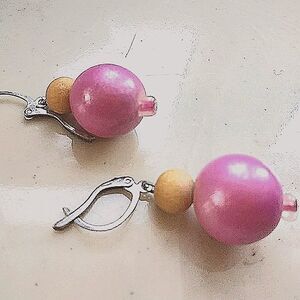 Fuscia And Natural Wood Earrings